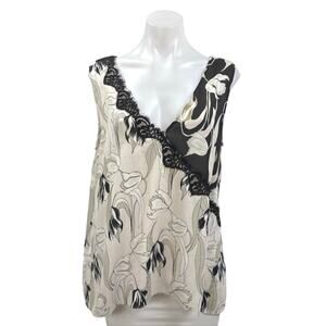 BCBGMaxazria Women's White Black Floral Sleeveless Asymmetric Tunic Blouse Top M